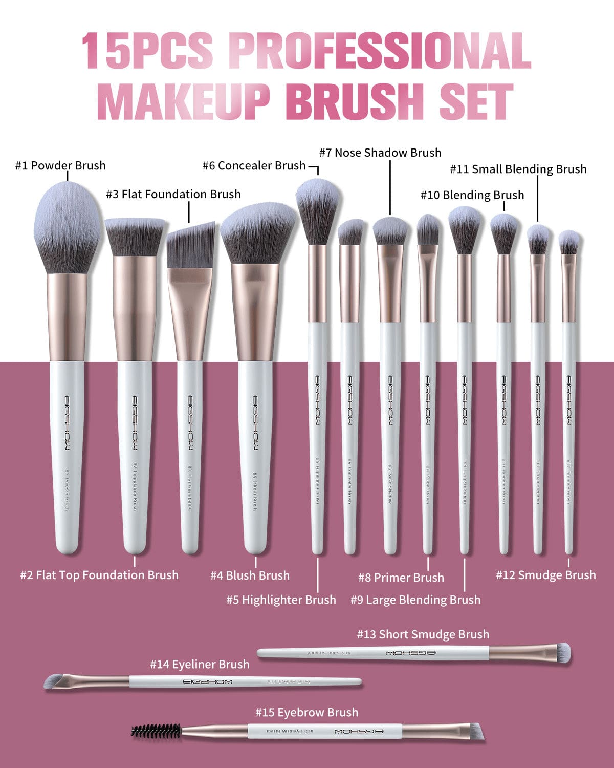 EIGSHOW 15PCS Makeup Brushes Set– Silver Ion Technology for Clean & Fresh Application(MUA PRO 15 GOLD PURPLE)