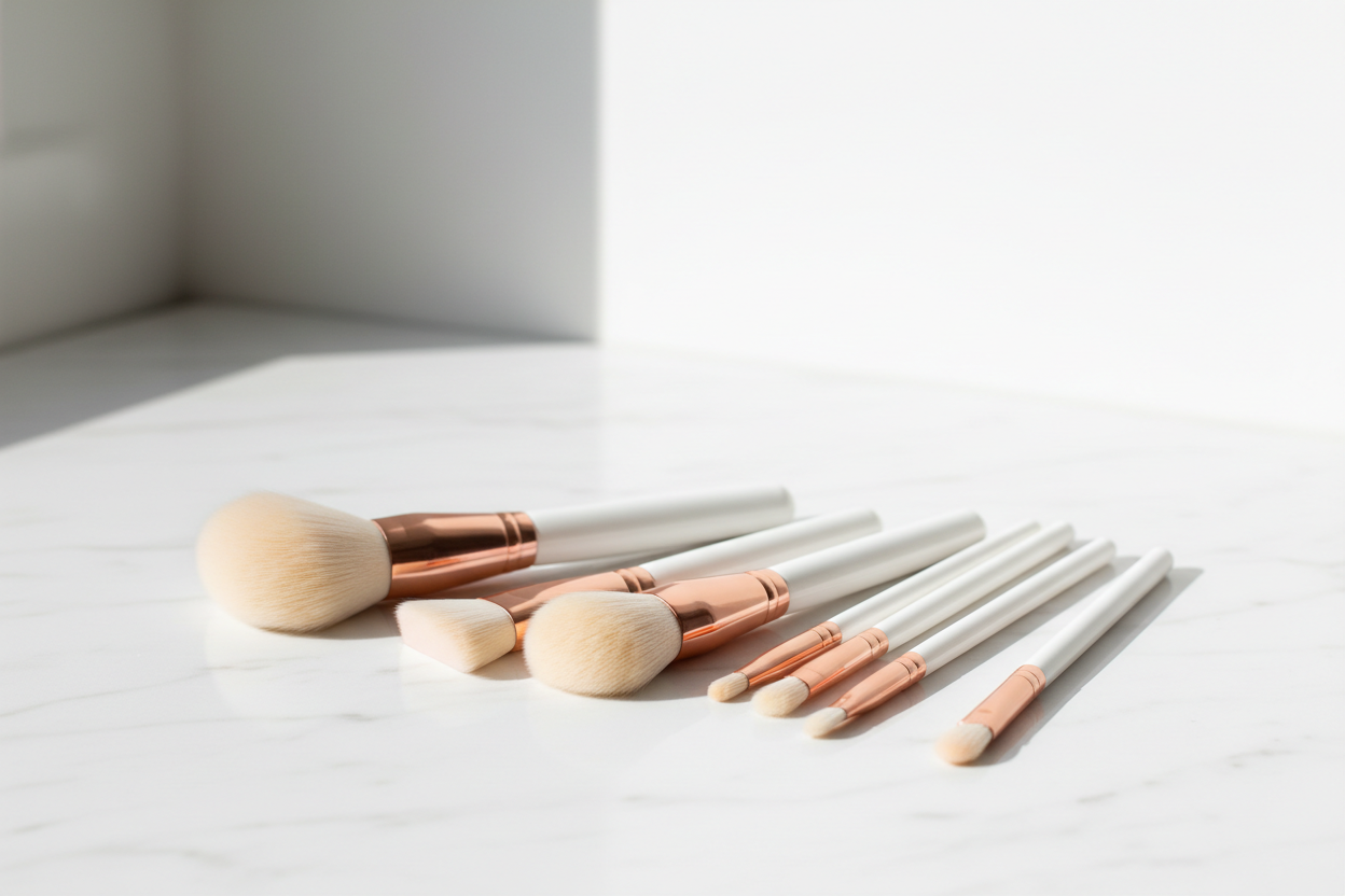 quero que você traga pra mim um vídeo extremamente realista mostrando pincéis de maquiagem, quero que seja bastante clean